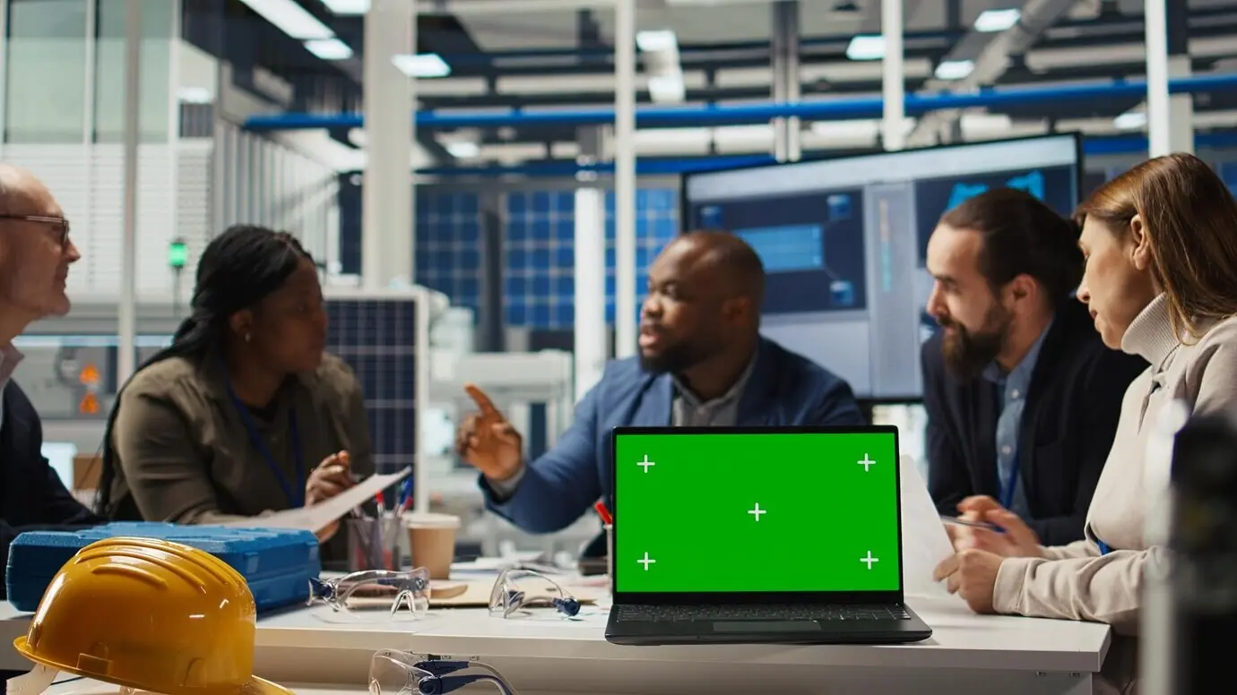 Fabrikingenieure verwenden einen Laptop mit grünem Bildschirm, um die Energieproduktion zu steigern.
